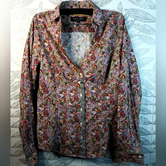 Paul Smith Button Blouse Black Label Multicolor Open Neck Paisley Floral - Picture 1 of 10